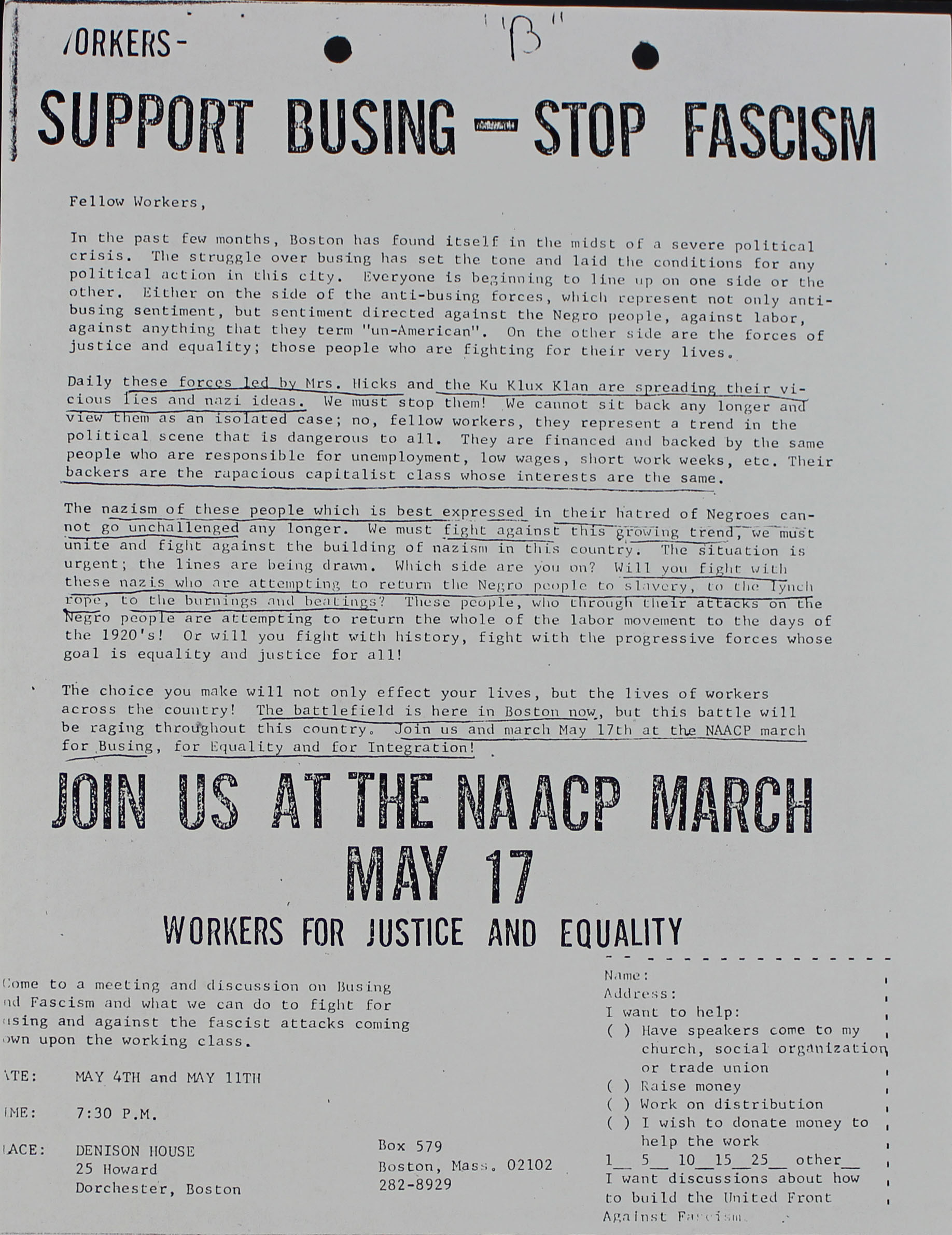 flyer reading "Support Busing - Stop Fascism, Join us athe the NAACP March"