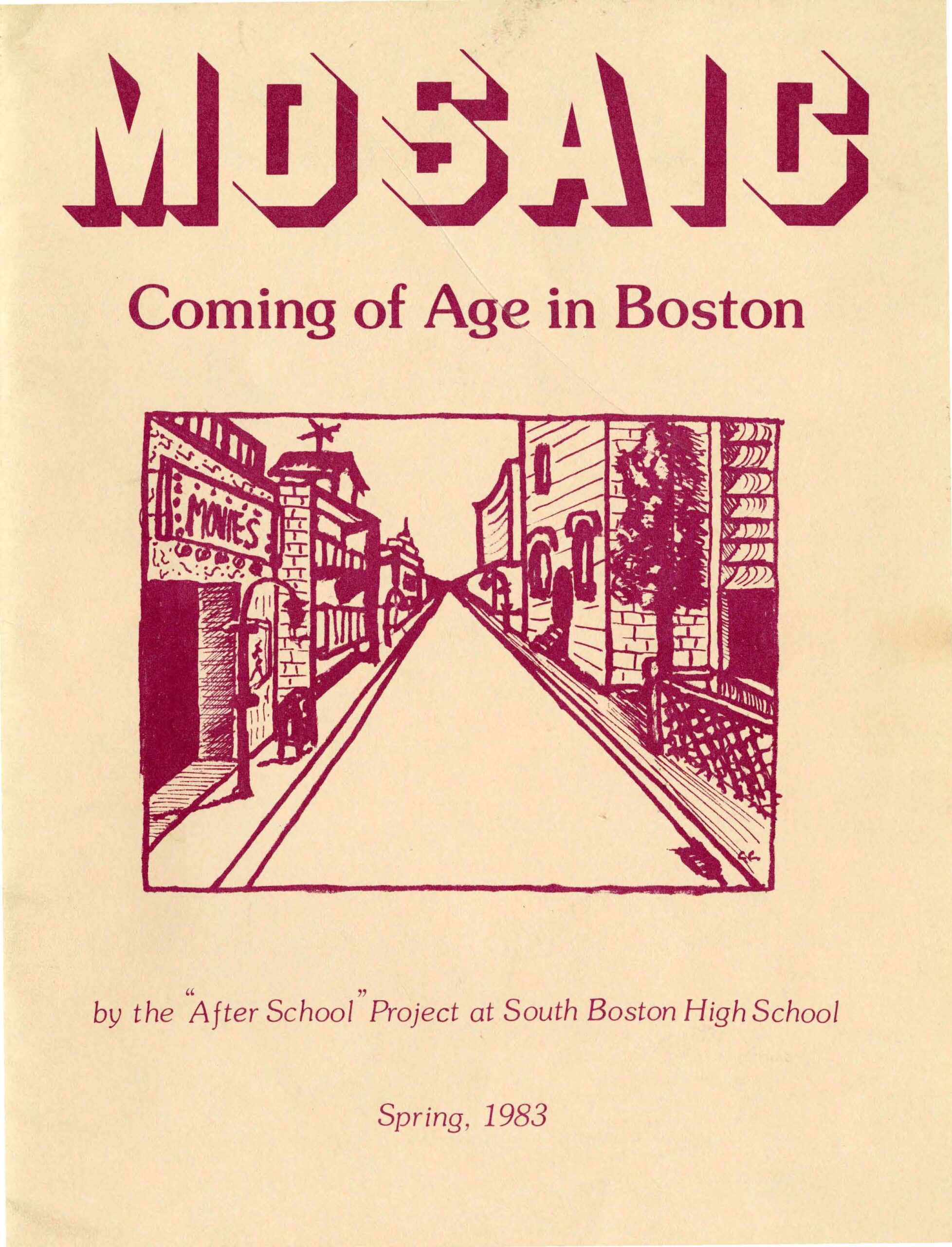 1983 Mosaic's "Coming of Age in Boston", featuring minimalist drawing of an empty city street