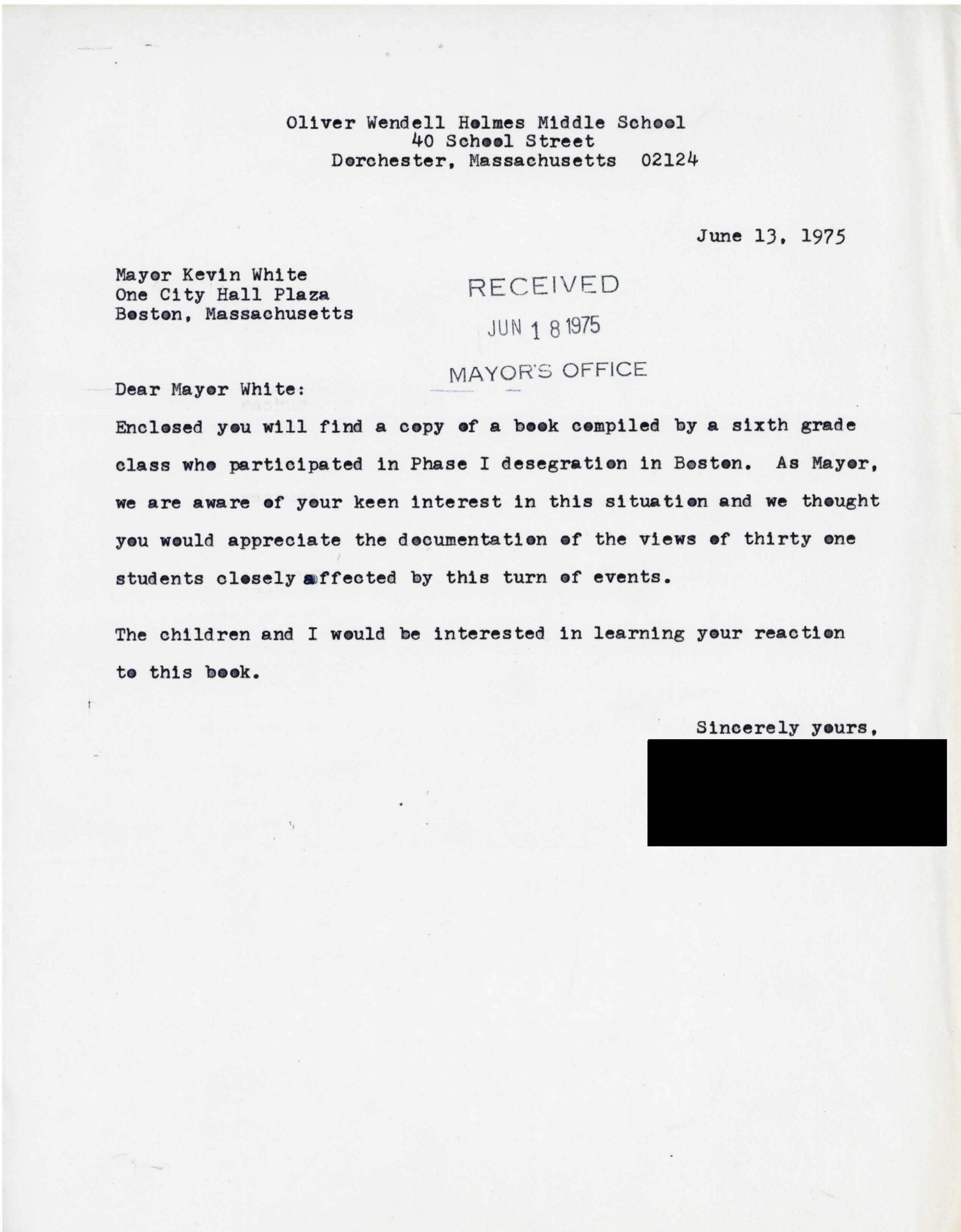 1975 letter to Mayor Kevin White asking him to read an enclosed book by six grade Boston students participating in desegregation