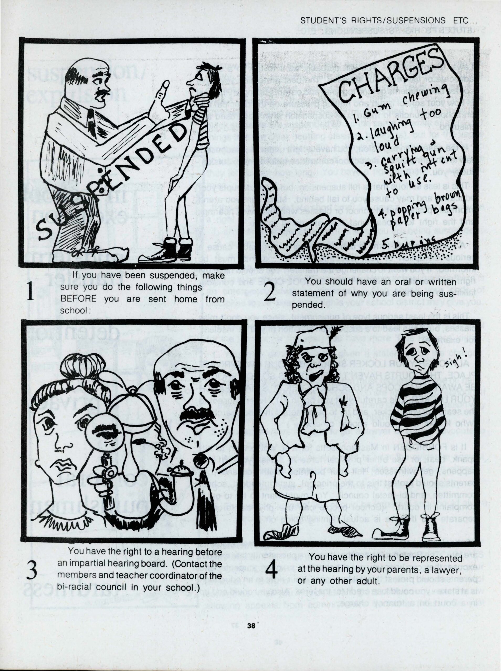 student's rights flyer depicting in a panel of four black and white cartoons how students can challenge school suspension