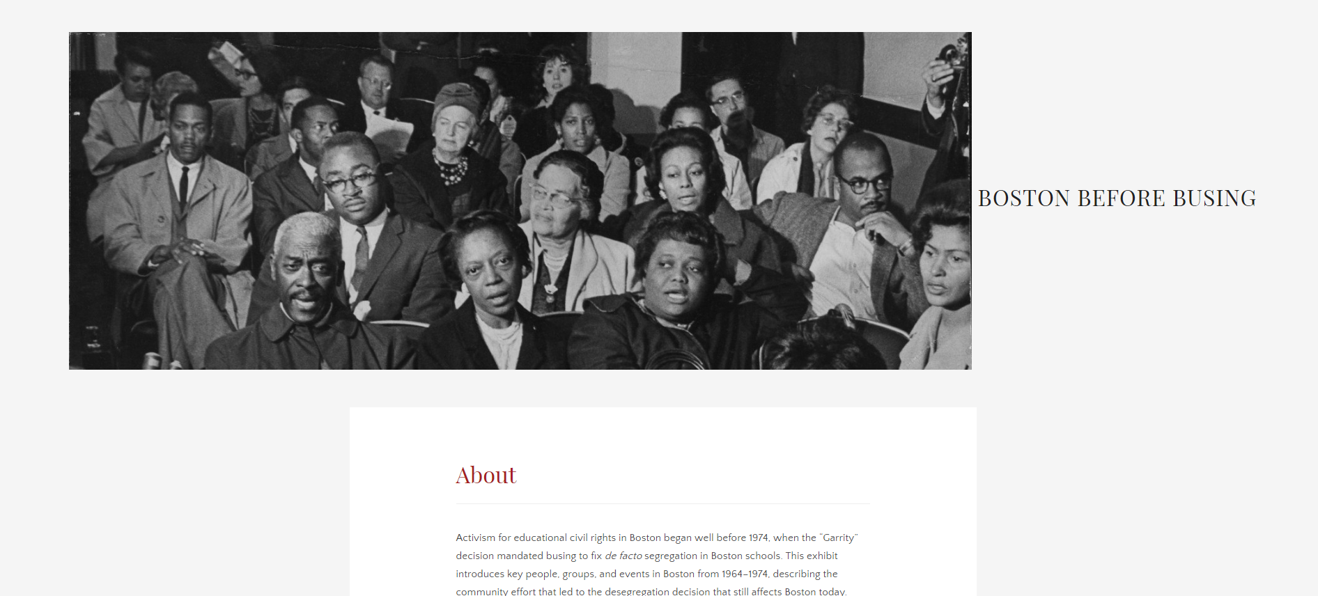 paged titled "Boston Before Busing" featuring photo of a group of older African Americans