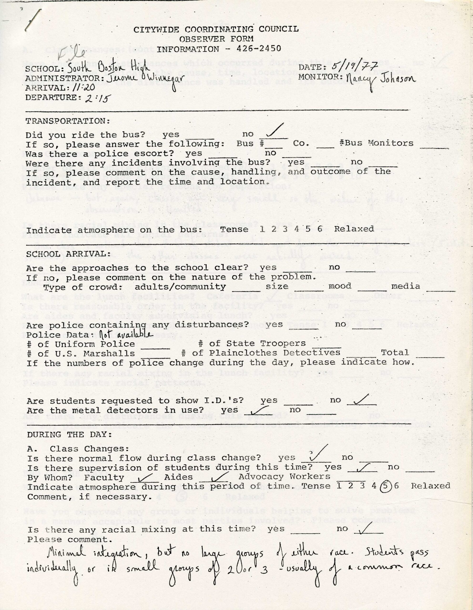 1977 questionnaire evaluating racial tension at South Boston High School