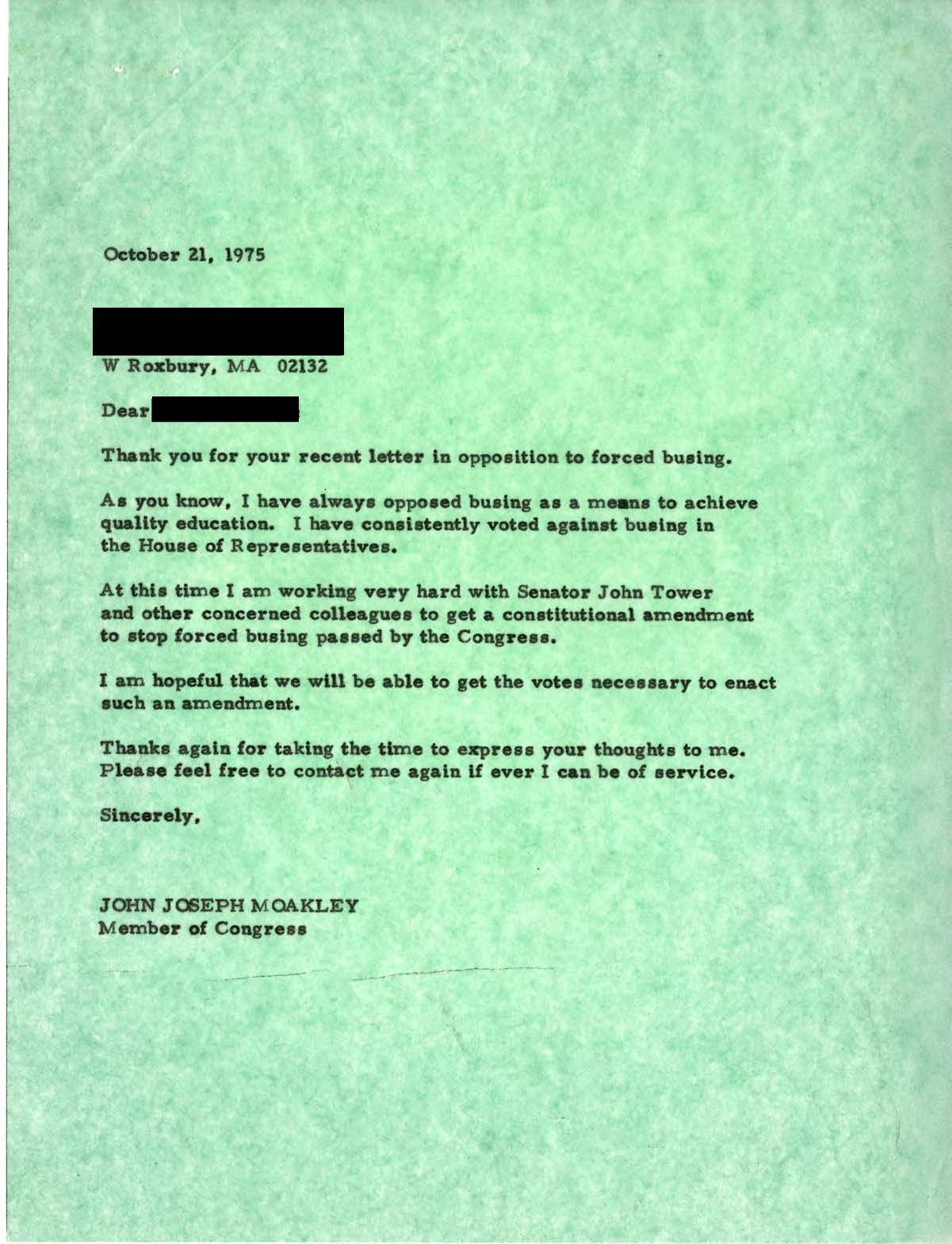 October 1975 letter from congressman Joe Moakley expressing his opposition to busing