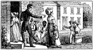 Etching from Anti-Slavery Almanac, Boston, 1839 of Sarah Roberts turned away from a school